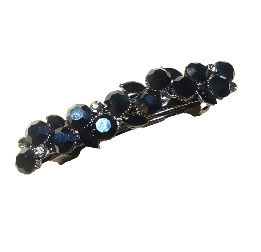 Black Rhinestone Hair Barrette Tension Clip Goth Silver Tone